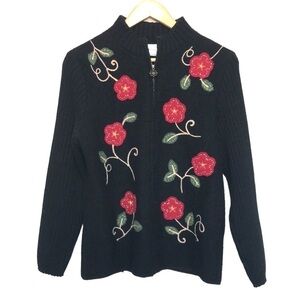 VINTAGE Alfred Dunner wool black floral zip up sweater size Small petite